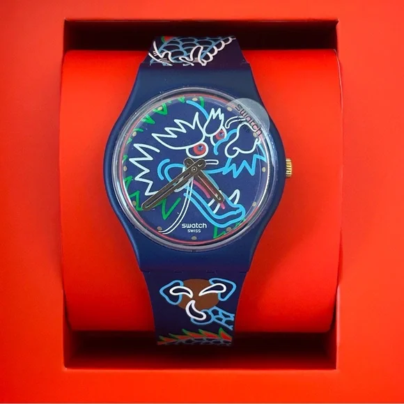 NEW Swatch Year of the Dragon Watch Red Blue Swiss Chinese Dragon in Waves Swiss - Picture 2 of 9